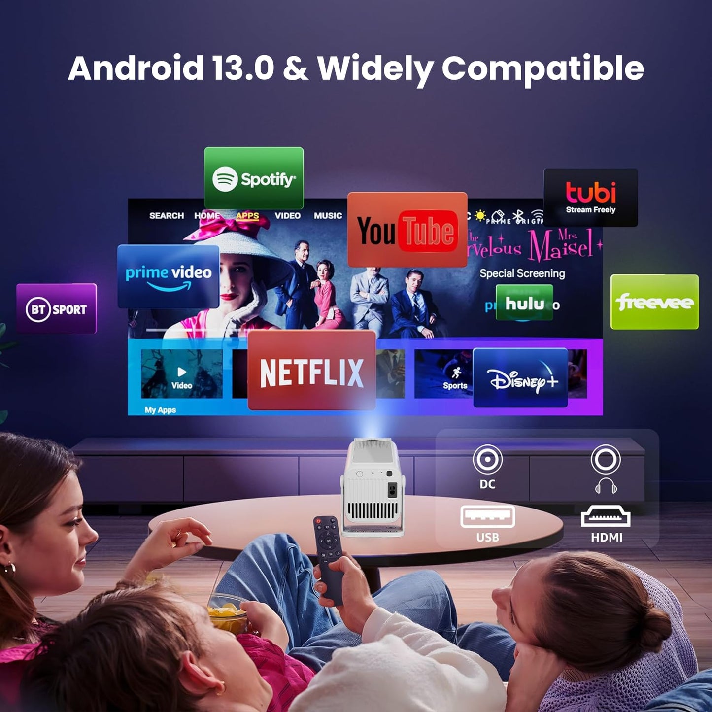 WZATCO Yuva Go Plus, Full HD 1080p Native, Android 13.0 Smart Home Projector 4k Ultra HD, Rotatable Design, Auto & 4D Keystone with Netflix, Prime etc, WiFi 6 & BT, Screen Mirroring, ARC, White