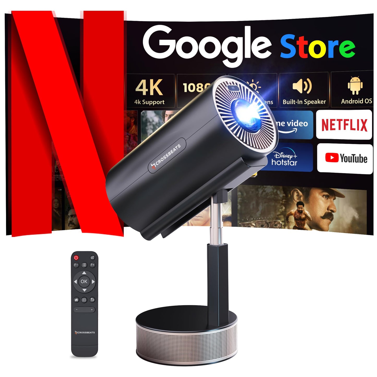 Crossbeats Lumex Cine Smart Home Projector 4k Ultra HD, Native 1080p, Mini Projector for Room,16000 Lumens Android OS, Built-in - Netflix, Prime, YouTube, Portable, Speaker, WiFi, 300" Display Cinema