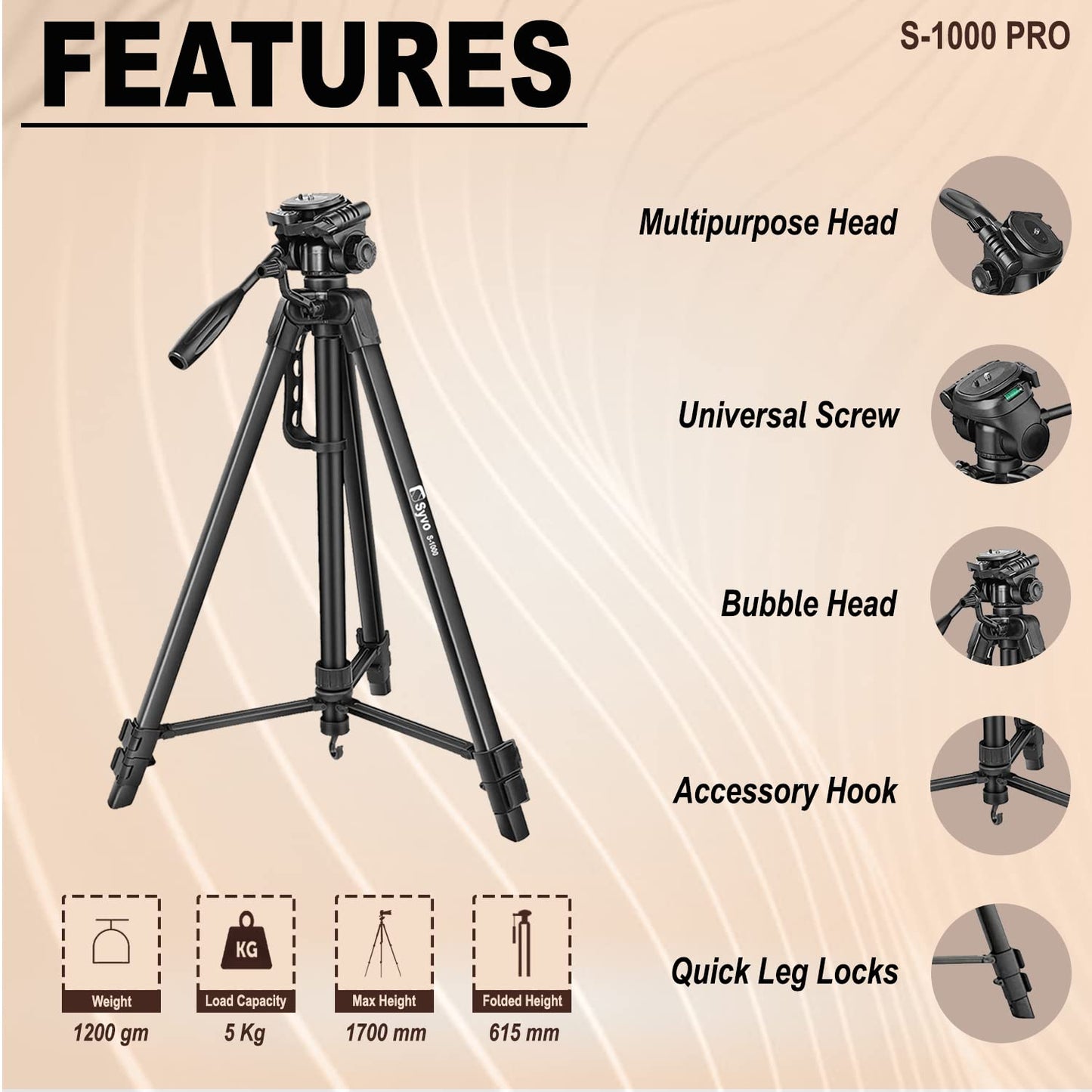 Syvo WT 3130 Aluminum Tripod (133CM), Universal Lightweight Tripod with Mobile Phone Holder Mount & Carry Bag for All Smart Phones, Gopro, Cameras