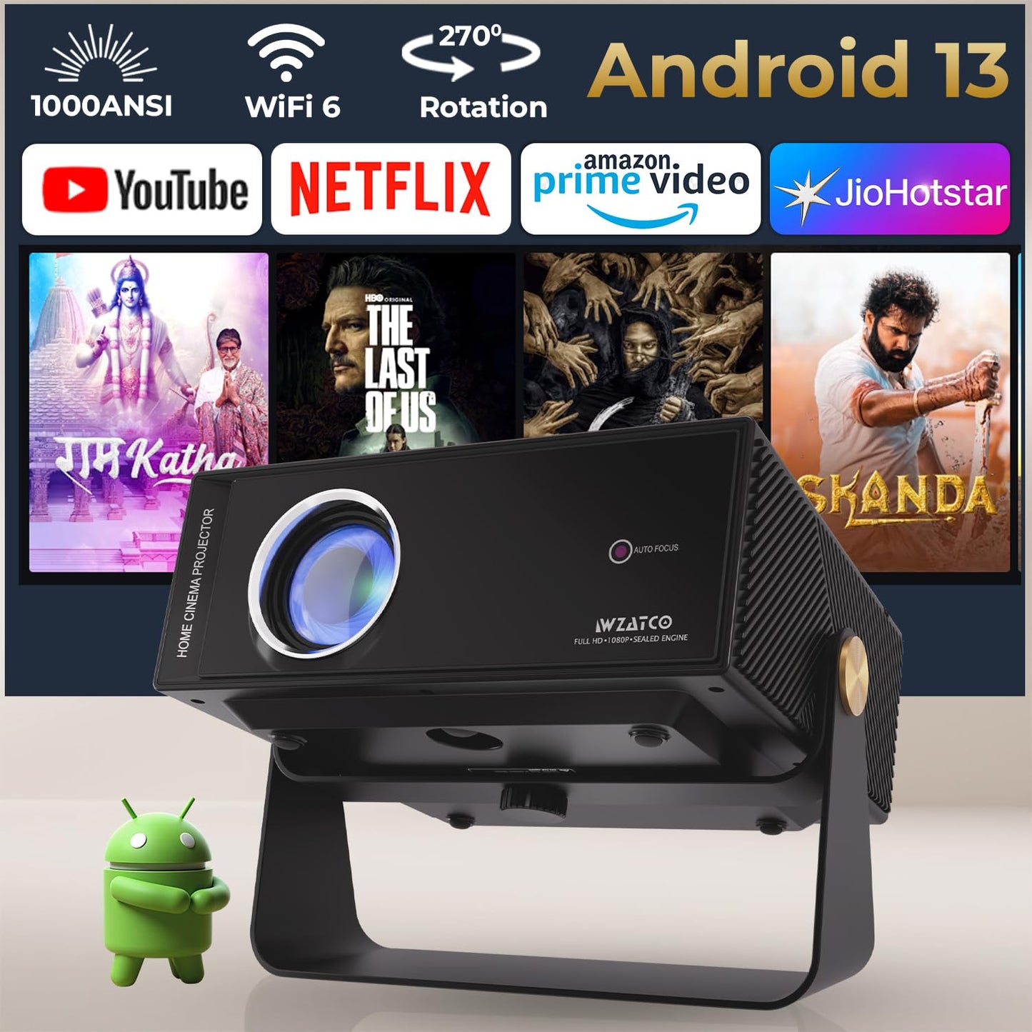 WZATCO Yuva Go Plus, Full HD 1080p Native, Android 13.0 Smart Home Projector 4k Ultra HD, Rotatable Design, Auto & 4D Keystone with Netflix, Prime etc, WiFi 6 & BT, Screen Mirroring, ARC, White
