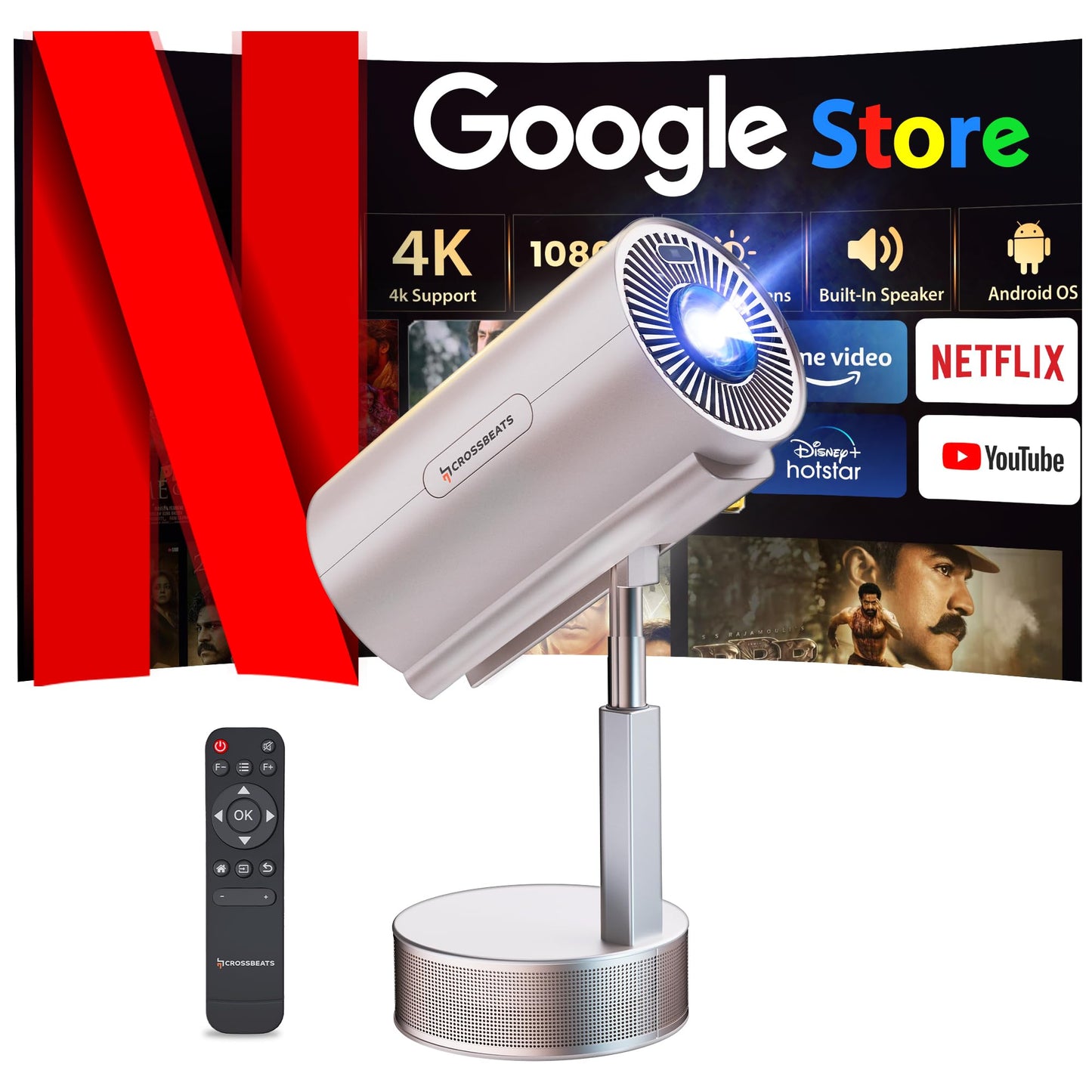 Crossbeats Lumex Cine Smart Home Projector 4k Ultra HD, Native 1080p, Mini Projector for Room,16000 Lumens Android OS, Built-in - Netflix, Prime, YouTube, Portable, Speaker, WiFi, 300" Display Cinema