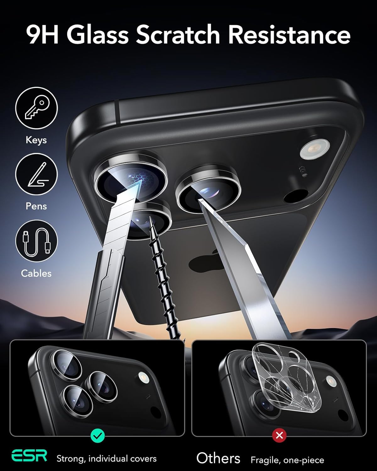 ESR for iPhone 17 Pro Max/17 Pro/16 Pro Max/16 Pro/15 Pro Max/15 Pro/14 Pro Max/14 Pro Camera Lens Protectors, Tough HD Individual Tempered Glass, Scratch Resistant, Armorite Series, 1 Pack, Clear