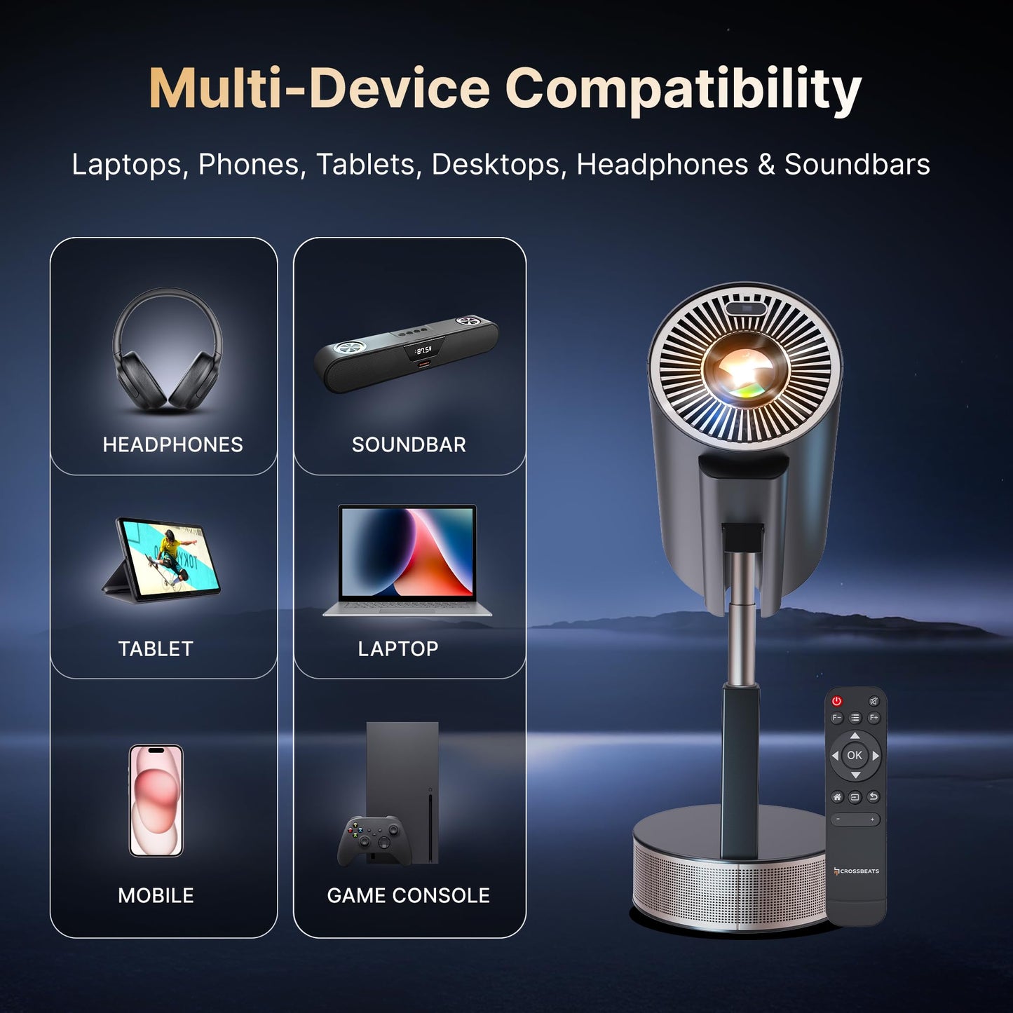 Crossbeats Lumex Cine Smart Home Projector 4k Ultra HD, Native 1080p, Mini Projector for Room,16000 Lumens Android OS, Built-in - Netflix, Prime, YouTube, Portable, Speaker, WiFi, 300" Display Cinema