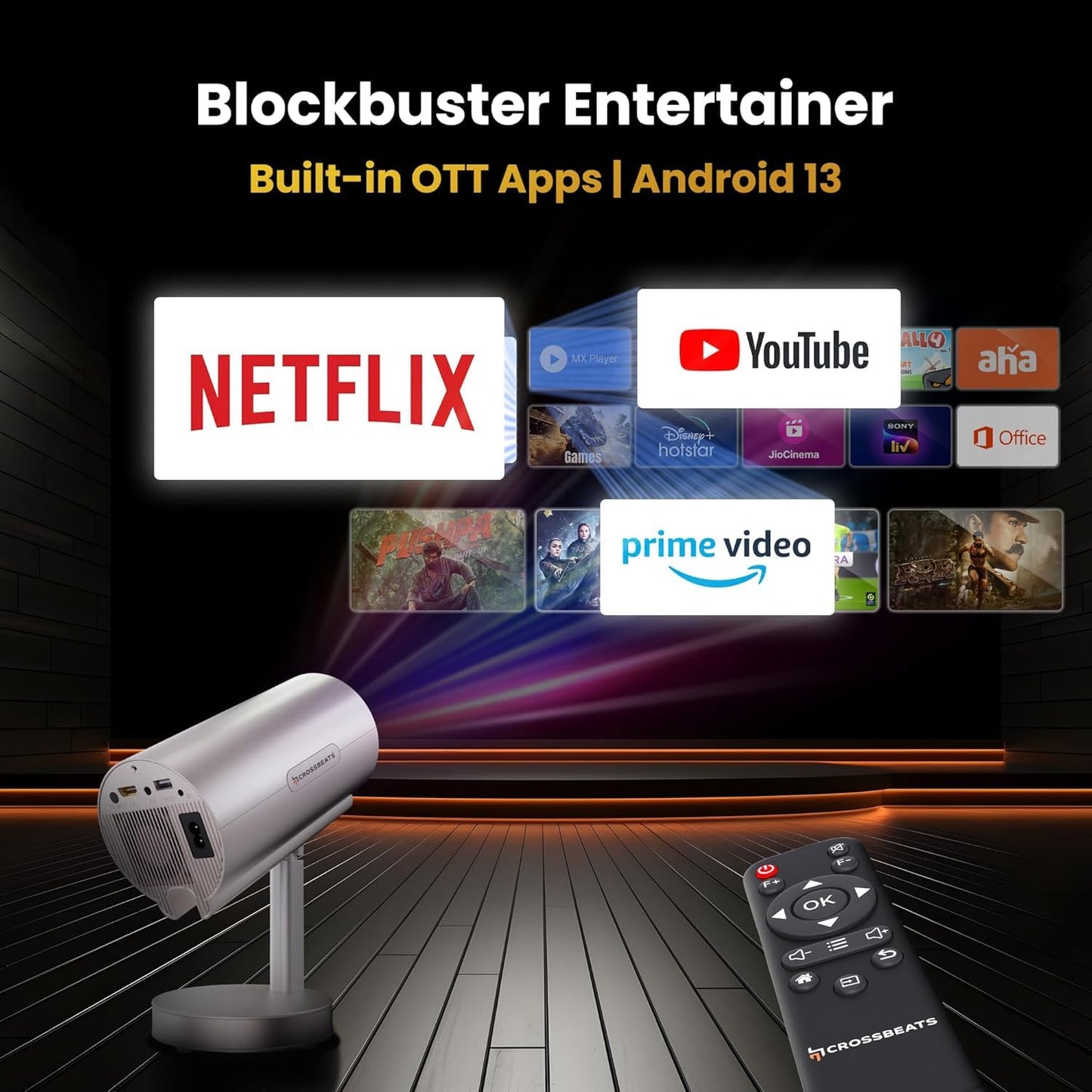 Crossbeats Lumex Cine Smart Home Projector 4k Ultra HD, Native 1080p, Mini Projector for Room,16000 Lumens Android OS, Built-in - Netflix, Prime, YouTube, Portable, Speaker, WiFi, 300" Display Cinema