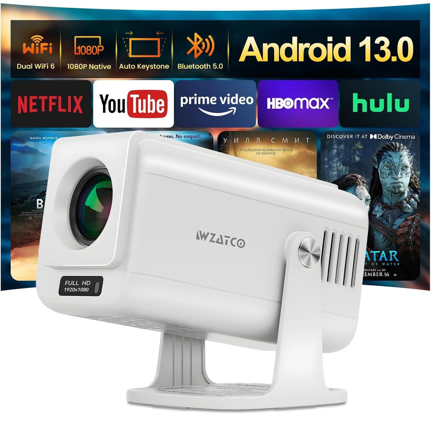 WZATCO Yuva Go Plus, Full HD 1080p Native, Android 13.0 Smart Home Projector 4k Ultra HD, Rotatable Design, Auto & 4D Keystone with Netflix, Prime etc, WiFi 6 & BT, Screen Mirroring, ARC, White