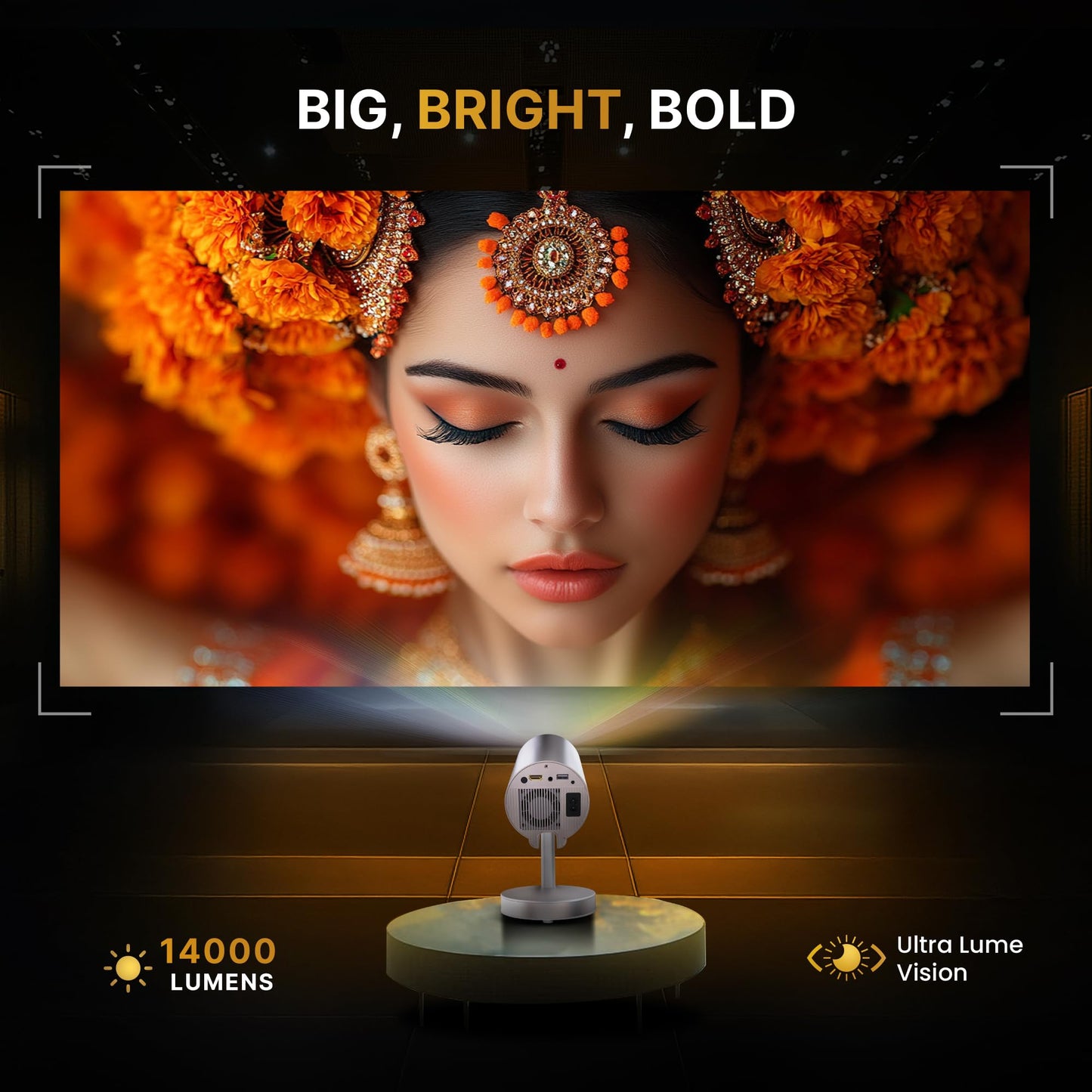 Crossbeats Lumex Cine Smart Home Projector 4k Ultra HD, Native 1080p, Mini Projector for Room,16000 Lumens Android OS, Built-in - Netflix, Prime, YouTube, Portable, Speaker, WiFi, 300" Display Cinema