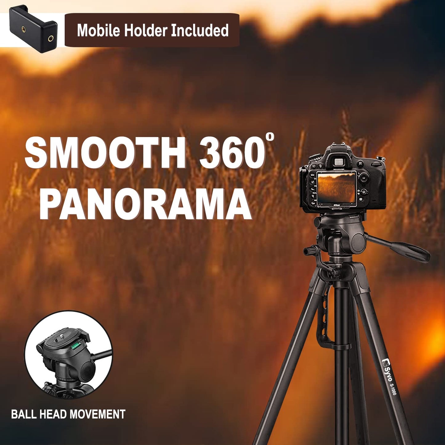 Syvo WT 3130 Aluminum Tripod (133CM), Universal Lightweight Tripod with Mobile Phone Holder Mount & Carry Bag for All Smart Phones, Gopro, Cameras