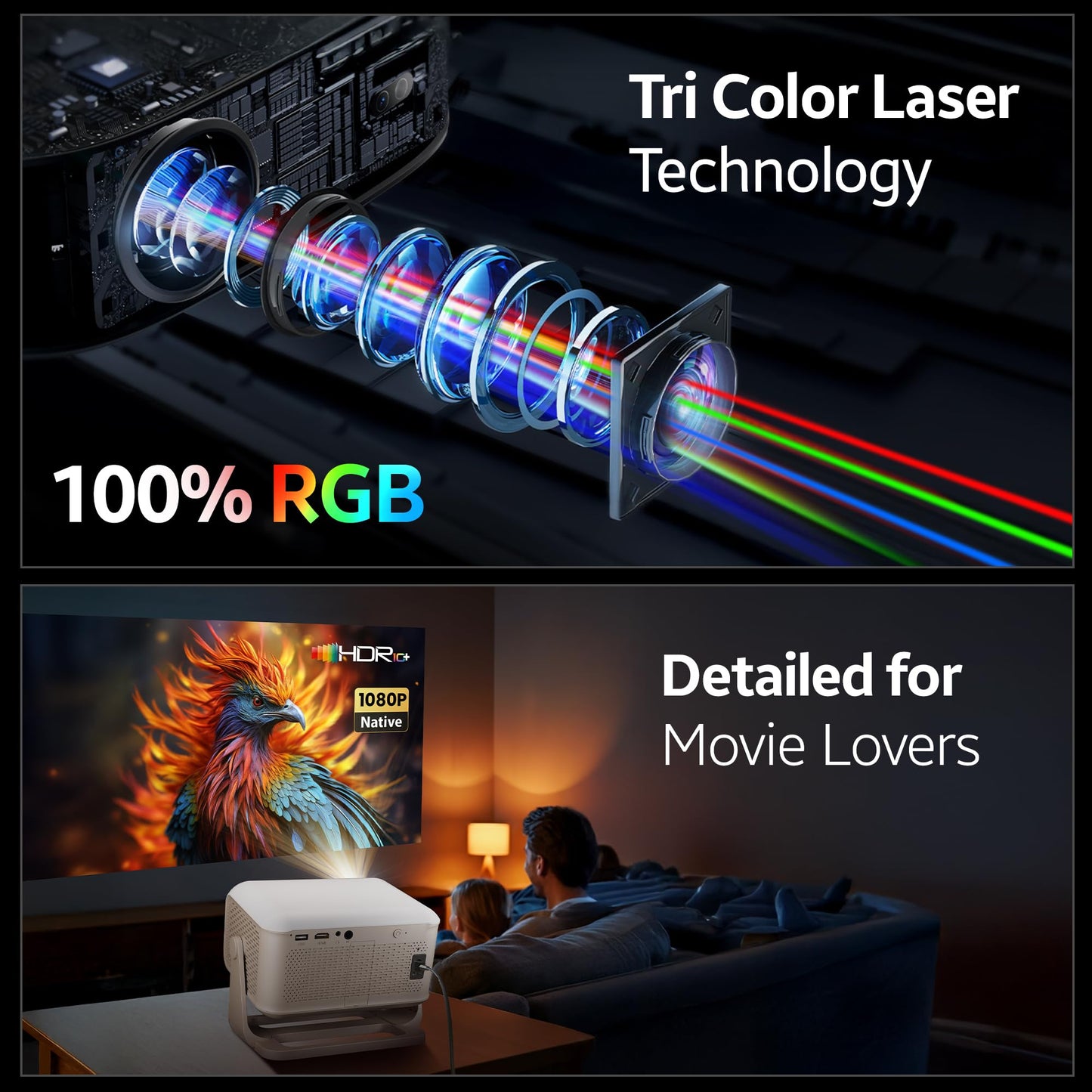 Crossbeats Lumex Cine Smart Home Projector 4k Ultra HD, Native 1080p, Mini Projector for Room,16000 Lumens Android OS, Built-in - Netflix, Prime, YouTube, Portable, Speaker, WiFi, 300" Display Cinema