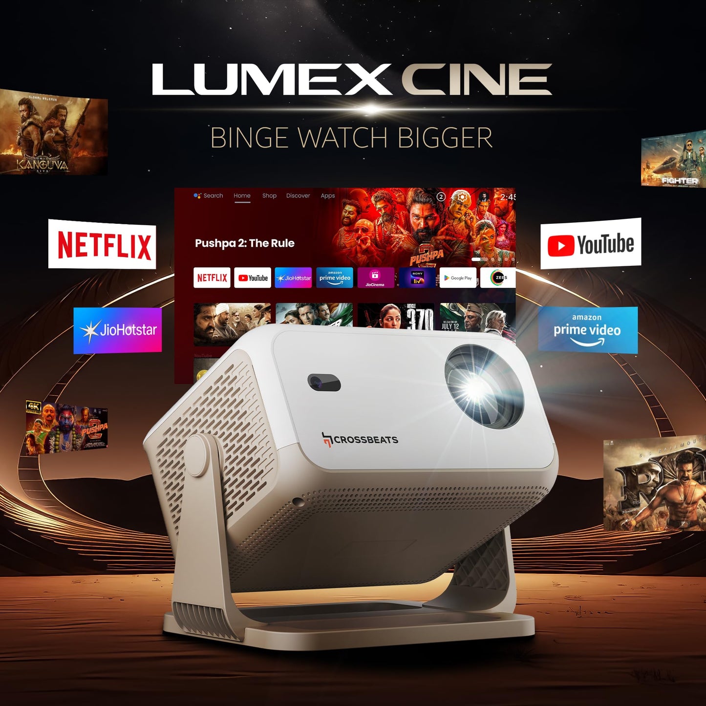 Crossbeats Lumex Cine Smart Home Projector 4k Ultra HD, Native 1080p, Mini Projector for Room,16000 Lumens Android OS, Built-in - Netflix, Prime, YouTube, Portable, Speaker, WiFi, 300" Display Cinema