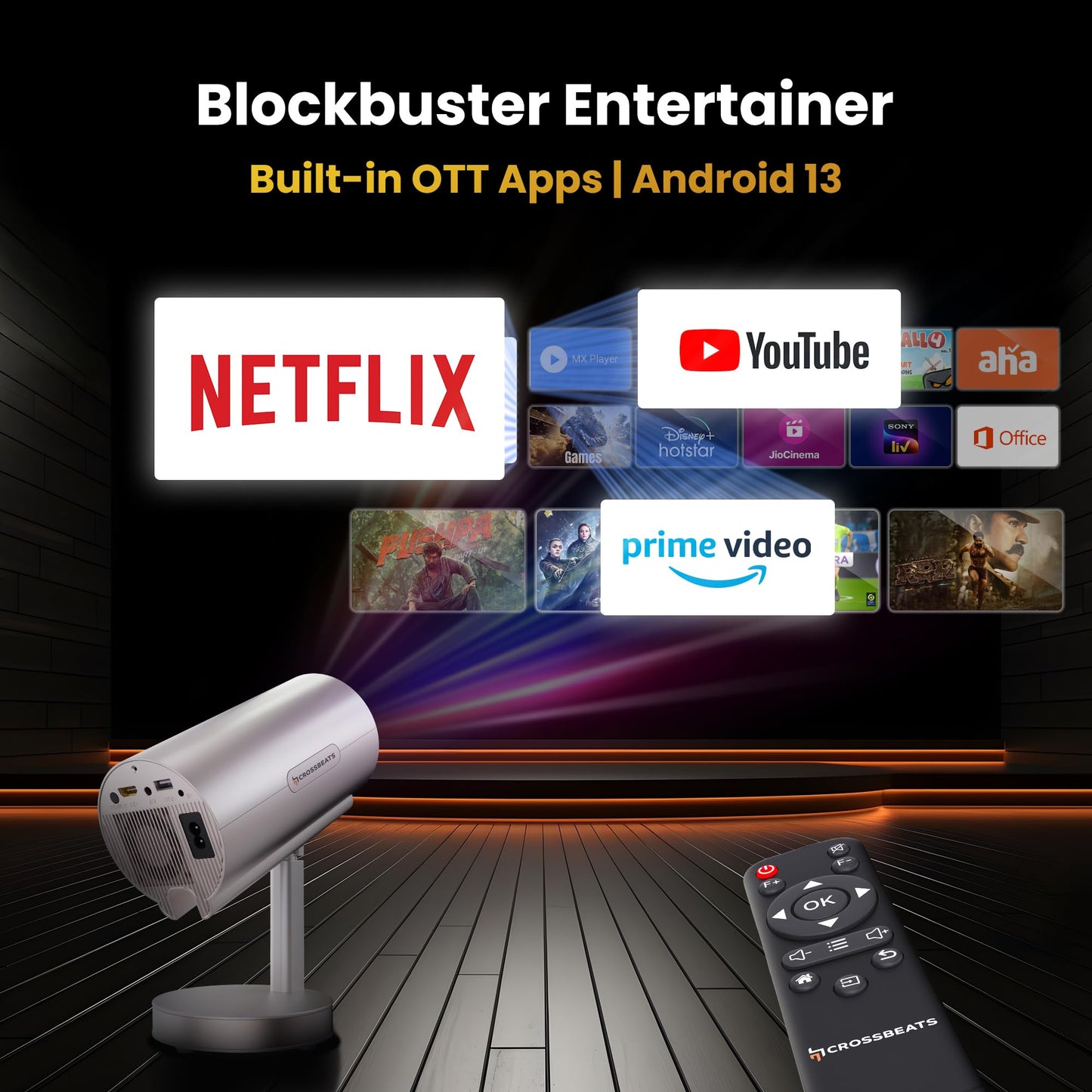 Crossbeats Lumex Cine Smart Home Projector 4k Ultra HD, Native 1080p, Mini Projector for Room,16000 Lumens Android OS, Built-in - Netflix, Prime, YouTube, Portable, Speaker, WiFi, 300" Display Cinema