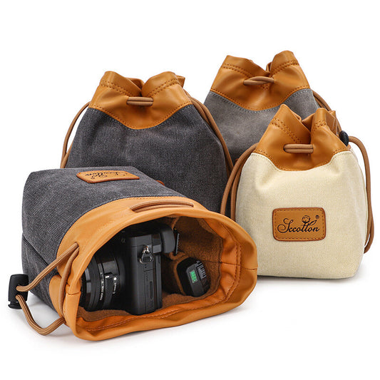 Canvas DSLR Camera Bag Draw String Pouch Insert For Canon Nikon Sony Fuji Leica