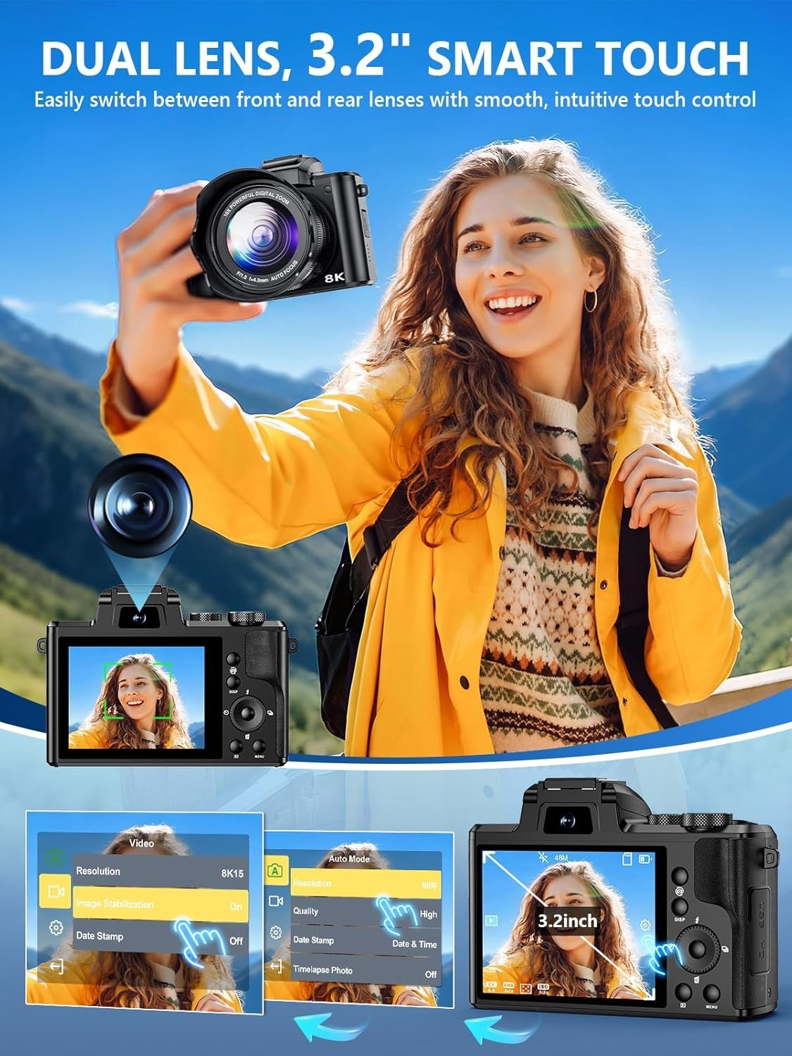 8K Digital Camera, 88MP WiFi Cameras for Photography with 3.2" Touchscreen