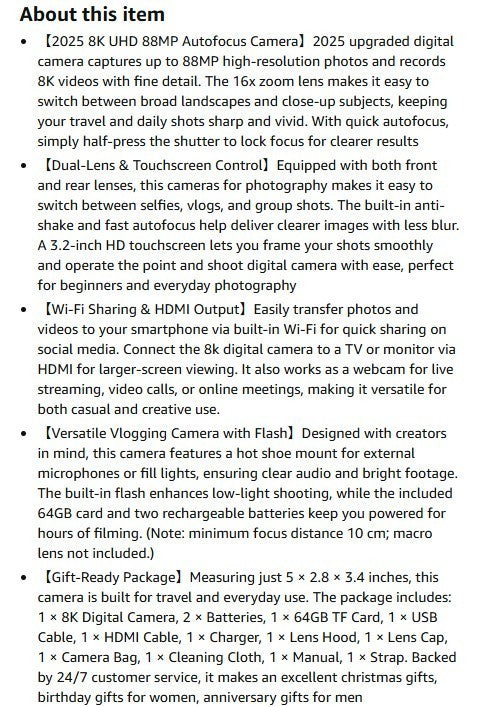 8K Digital Camera, 88MP WiFi Cameras for Photography with 3.2" Touchscreen