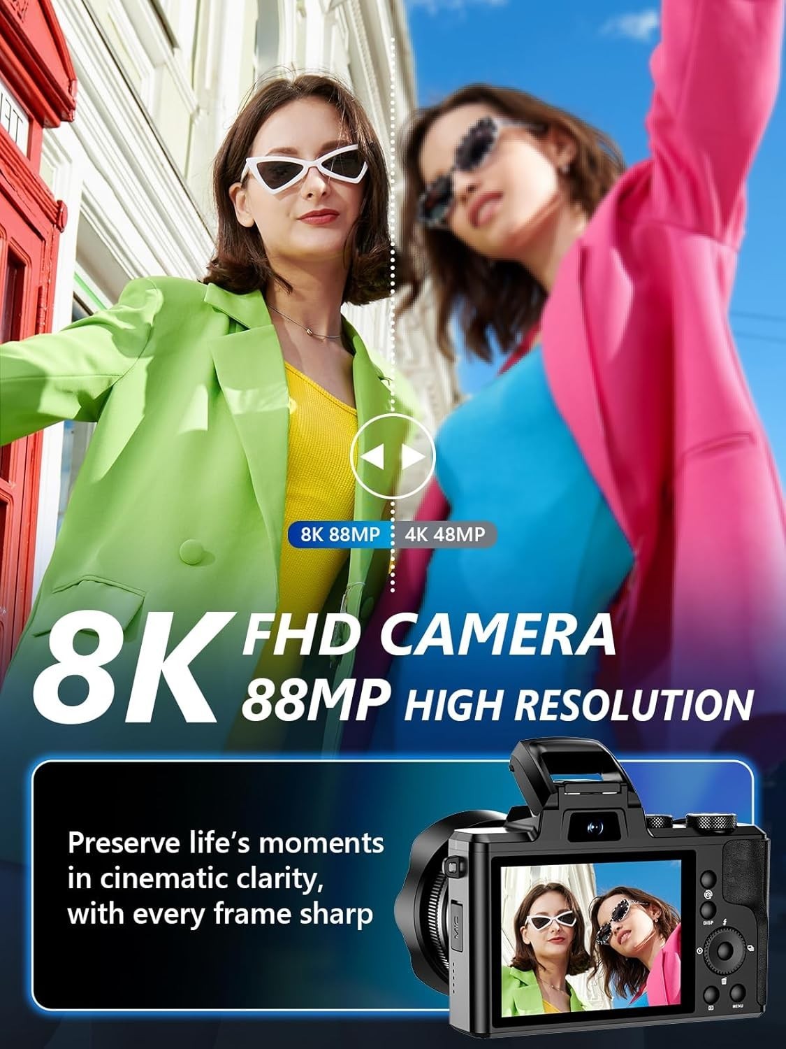 8K Digital Camera, 88MP WiFi Cameras for Photography with 3.2" Touchscreen
